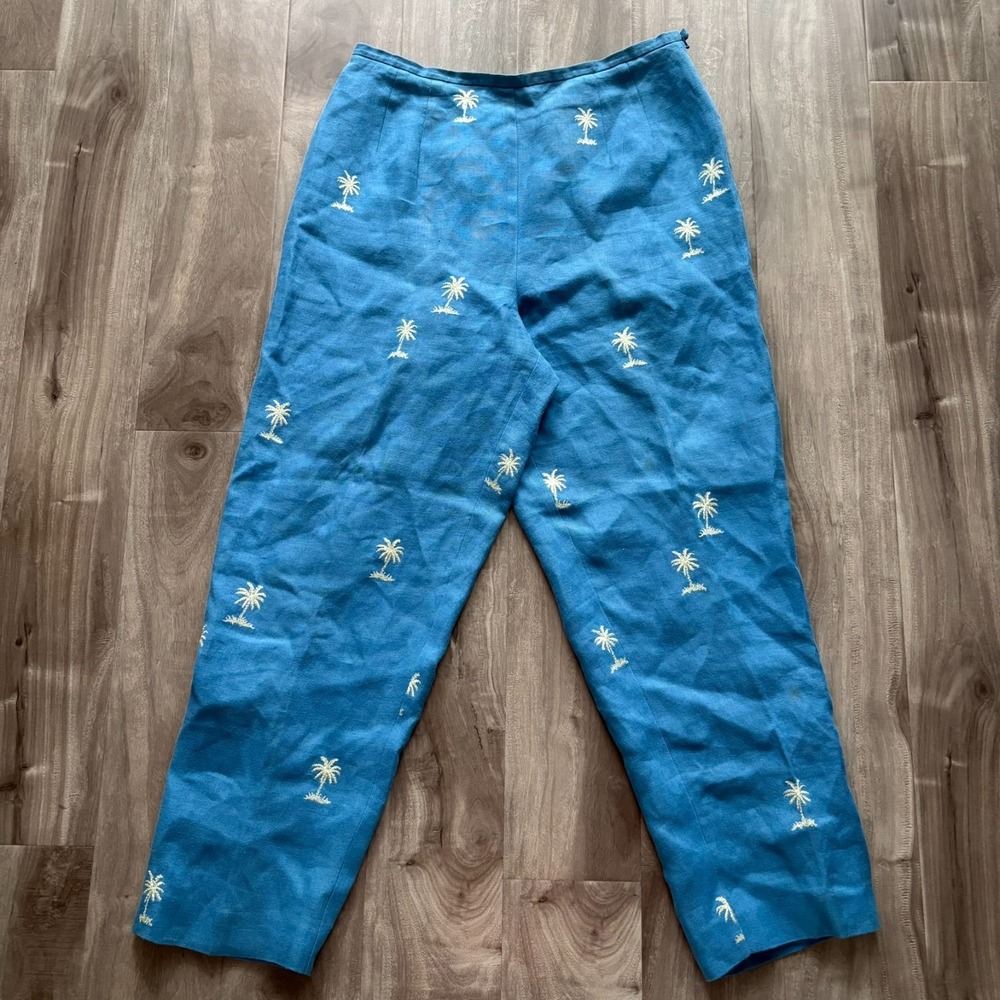 Talbots Irish Linen Pants Size 10 Blue Embroidered Palm Trees Cropped Trousers